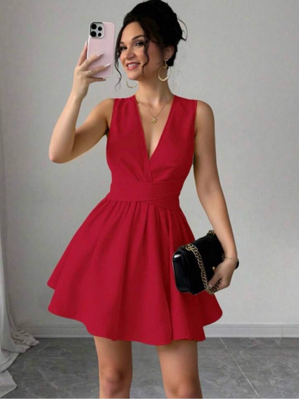 Red V-Neck Sleeveless Mini Dress